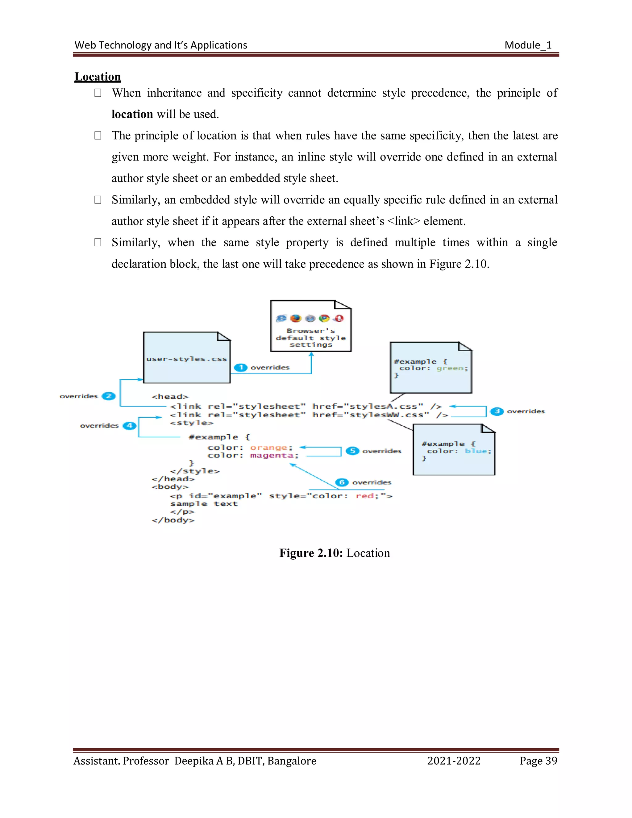 Web Technology and It’s Applications Module_1
Assistant. Professor Deepika A B, DBIT, Bangalore 2021-2022 Page 39
Location
When inheritance and specificity cannot determine style precedence, the principle of
location will be used.
The principle of location is that when rules have the same specificity, then the latest are
given more weight. For instance, an inline style will override one defined in an external
author style sheet or an embedded style sheet.
Similarly, an embedded style will override an equally specific rule defined in an external
author style sheet if it appears after the external sheet’s <link> element.
Similarly, when the same style property is defined multiple times within a single
declaration block, the last one will take precedence as shown in Figure 2.10.
Figure 2.10: Location
 
