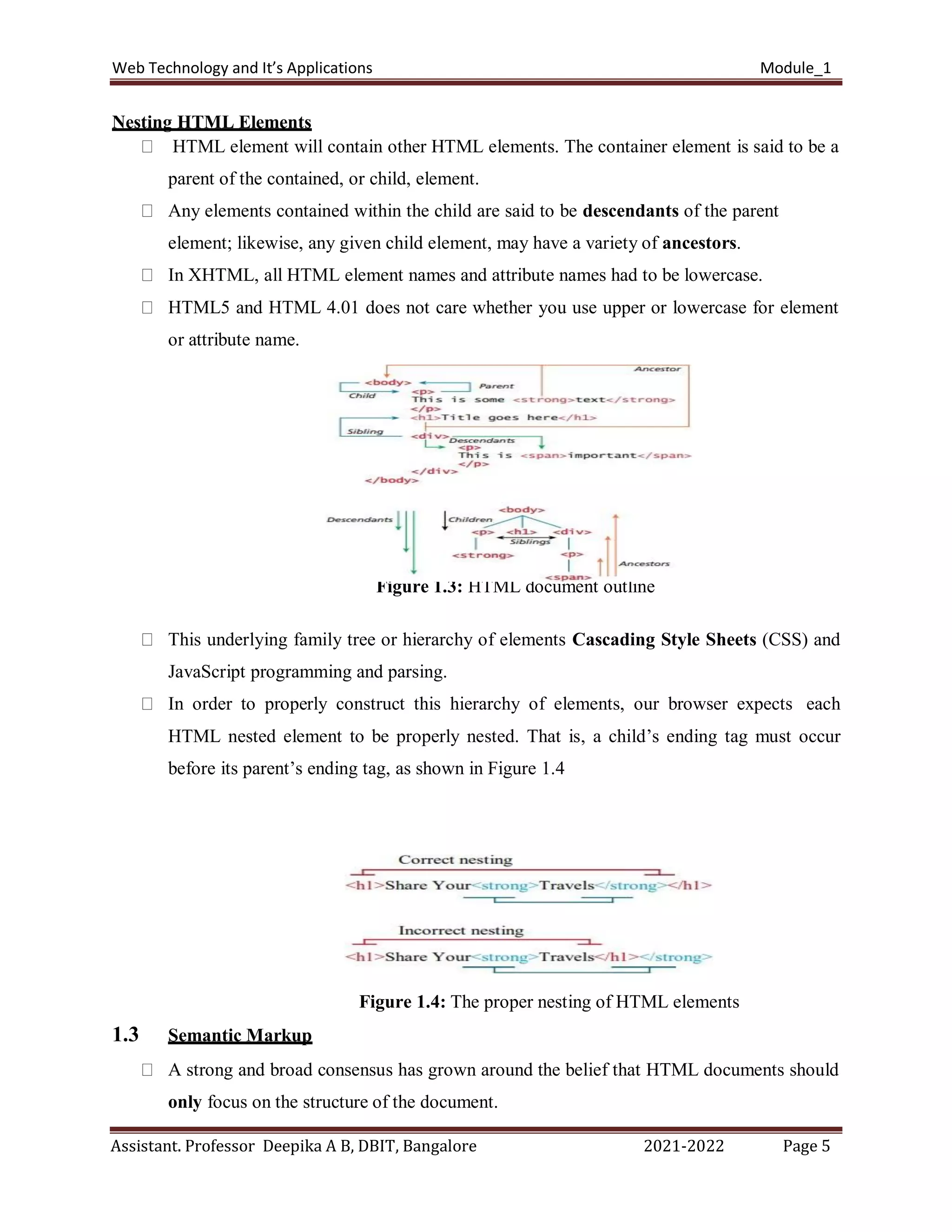 Web Technology and It’s Applications Module_1
Assistant. Professor Deepika A B, DBIT, Bangalore 2021-2022 Page 5
Nesting HTML Elements
HTML element will contain other HTML elements. The container element is said to be a
parent of the contained, or child, element.
Any elements contained within the child are said to be descendants of the parent
element; likewise, any given child element, may have a variety of ancestors.
In XHTML, all HTML element names and attribute names had to be lowercase.
HTML5 and HTML 4.01 does not care whether you use upper or lowercase for element
or attribute name.
Figure 1.3: HTML document outline
This underlying family tree or hierarchy of elements Cascading Style Sheets (CSS) and
JavaScript programming and parsing.
In order to properly construct this hierarchy of elements, our browser expects each
HTML nested element to be properly nested. That is, a child’s ending tag must occur
before its parent’s ending tag, as shown in Figure 1.4
1.3 Semantic Markup
Figure 1.4: The proper nesting of HTML elements
A strong and broad consensus has grown around the belief that HTML documents should
only focus on the structure of the document.
 