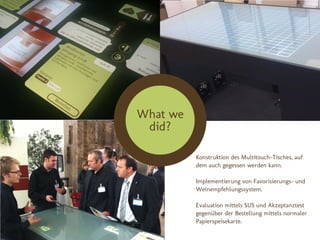 What we
 did?

          Konstruktion des Multitouch-Tisches, auf
          dem auch gegessen werden kann.

          Implementierung von Favorisierungs- und
          Weinempfehlungssystem.

          Evaluation mittels SUS und Akzeptanztest
          gegenüber der Bestellung mittels normaler
          Papierspeisekarte.
 