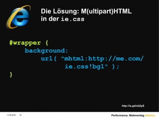 Die (bekannten) 14 35 RegelnFlushBufferEarlyUseGETforAjaxRequestsPostload ComponentsPreload ComponentsReducetheNumberofDOM ElementsSplit ComponentsAcross DomainsMinimizeNumberofiframesAvoid404sReduceCookie SizeUseCookie-Free Domains for ComponentsMinimizeDOM AccessDevelopSmart Event HandlersChoose<link> Over @importAvoidFiltersOptimizeImagesOptimizeCSS SpritesDo Not ScaleImages in HTMLMakefavicon.ico Small andCacheableKeep Components Under25 KBPack Components Into a Multipart DocumentAvoidEmpty Imagesrc17.05.2010Performance. Webmontag.18http://developer.yahoo.com/performance/rules.html