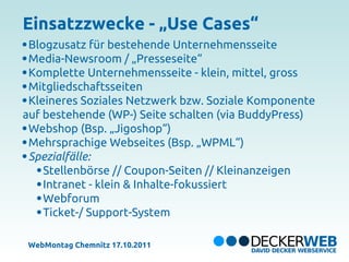 Einsatzzwecke - „Use Cases“
 Blogzusatz für bestehende Unternehmensseite
 Media-Newsroom / „Presseseite“
 Komplette Untern...