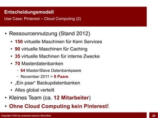 Entscheidungsmodell
  Use Case: Pinterest – Cloud Computing (2)


   ●   Ressourcennutzung (Stand 2012)
         ●   150 virtuelle Maschinen für Kern Services
         ●
             90 virtuelle Maschinen für Caching
         ●
             35 virtuelle Machinen für interne Zwecke
         ●
             70 Masterdatenbanken
               –   64 Master/Slave Datenbankpaare
               –   November 2011 = 8 Paare
         ●   „Ein paar“ Backupdatenbanken
         ●   Alles global verteilt
   ●   Kleines Team (ca. 12 Mitarbeiter)
   ●   Ohne Cloud Computing kein Pinterest!
Copyright © 2013 by CLOUD-PRO.de, Dr. Dietmar Büst
Copyright © 2013 by renebuest research | René Wiedemann, René Büst
                                                                     20
 