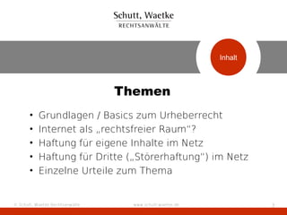 Inhalt
                                                           Inhalt



                                 Themen
       •   Grundlagen / Basics zum Urheberrecht
       •   Internet als „rechtsfreier Raum“?
       •   Haftung für eigene Inhalte im Netz
       •   Haftung für Dritte („Störerhaftung“) im Netz
       •   Einzelne Urteile zum Thema


© Schutt, Waetke Rechtsanwälte     www.schutt-waetke.de             3
 