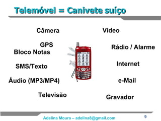 Telemóvel = Canivete suíço Câmera GPS Bloco Notas SMS/Texto Áudio (MP3/MP4) Televisão Vídeo Rádio / Alarme Internet e-Mail Gravador 