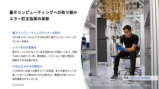 12/14/2023 All Copyrights reserved by Nissho Electronics USA Corp 14
量子コンピューティングへの取り組み
エラー訂正技術の革新
• 量子コンピューティングセンターの設立
2019年にカリフォルニア工科大学に量子コンピューティング
センターを設立
• エラー訂正の重要性
量子ビットにおけるエラー訂正技術は日々進歩しており、現在
では0.1％のエラー率。期待値は、エラーなしで数十億回の
演算ができる必要がある
• 10年以上かかる可能性も
1つの訂正には多くの量子ビットが必要。多くの量子ビットを
扱うにはノイズ発生のリスクが高まる。最適な方法について
研究開発がすすんでいる
写真：Amazon Website
 