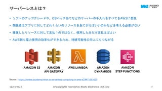 サーバーレスとは？
• ソフトのアップグレードや、OSパッチあてなどのサーバーの手入れをすべてをAWSに委託
• 開発者はアプリに対してどれくらいのリソースをあてがえばいいのかなどを考える必要がない
• 確保したリソースに対して支払うのではなく、使用した分だけ支払えばよい
• AWS側も電力使用の効率化ができるため、持続可能性の向上にもつながる
12/14/2023 All Copyrights reserved by Nissho Electronics USA Corp 7
Source：https://enlear.academy/what-is-serverless-computing-in-aws-e294710b3d20
 