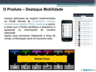O Produto – Destaque Mobilidade

Acesse aplicações de negócio implementadas
no Portal através de dispositivos móvies,
smartphones, tablets, PDAs, celulares e outros,
e deixe que o Portal identifique o dispositivo e
apresente as informações de maneira
adequada.
Agilize seus processos integrando a força de
venda, a informação certa no momento certo.




                            Mobile Portal
 