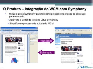 O Produto – Integração do WCM com Symphony
     Utilize o Lotus Symphony para facilitar o processo de criação de conteúdo
     para o usuário.
     Aproveite o Editor de texto do Lotus Symphony
     Simplifique o processo de autoria do WCM




                                  Publicação



                                  Editoração




21
 