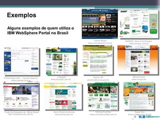 Exemplos
   Alguns exemplos de quem utiliza o
   IBM WebSphere Portal no Brasil
                                                                       Canais Brasil             BANESE Banco de Sergipe
                                                                   www.canaisbrasil.com.br          www.banese.com.br
               –                                               -




                                           Liquigas                       Detran SP                    Mato Grosso
Portal Segurador - Yasuda Seguros
                                     www.liquigas.com.br           portal.detran.sp.gov.br            www.mt.gov.br
        www.yasuda.com.br




Portal de Soluções da 3M do Brasil     Novo Portal da Anvisa             Unimed Curitiba                Super Sim
   http://solutions.3m.com.br           www.anvisa.gov.br            www.unimedcuritiba.com.br     www.sumpersim.com.br
 