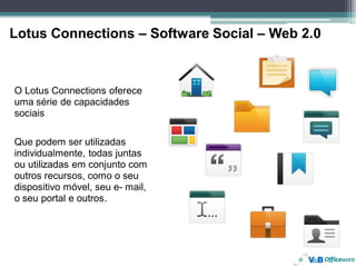 Lotus Connections – Software Social – Web 2.0



O Lotus Connections oferece
uma série de capacidades
sociais

Que podem ser utilizadas
individualmente, todas juntas
ou utilizadas em conjunto com
outros recursos, como o seu
dispositivo móvel, seu e- mail,
o seu portal e outros.
 