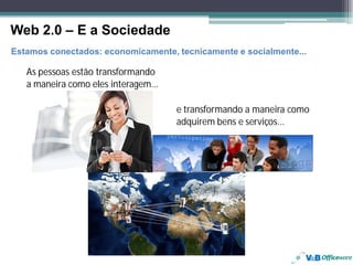 Web 2.0 – E a Sociedade
Estamos conectados: economicamente, tecnicamente e socialmente...

    As pessoas estão transformando
    a maneira como eles interagem...

                                       e transformando a maneira como
                                       adquirem bens e serviços...




6
 