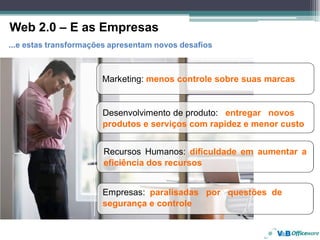 Web 2.0 – E as Empresas
...e estas transformações apresentam novos desafios



                       Marketing: menos controle sobre suas marcas


                       Desenvolvimento de produto: entregar novos
                       produtos e serviços com rapidez e menor custo


                       Recursos Humanos: dificuldade em aumentar a
                       eficiência dos recursos


                       Empresas: paralisadas por questões de
                       segurança e controle
 