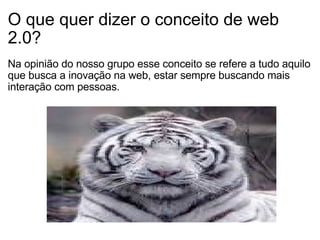 O que quer dizer o conceito de web 2.0?   Na opinião do nosso grupo esse conceito se refere a tudo aquilo que busca a inovação na web, estar sempre buscando mais interação com pessoas.     