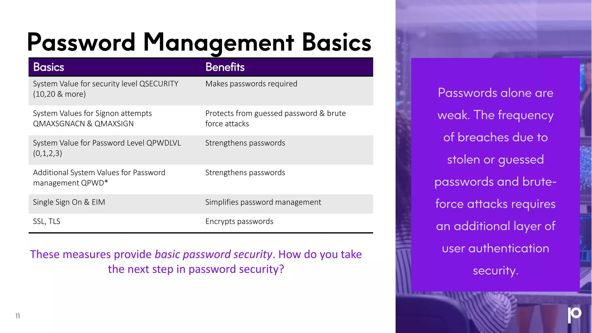 Password Management Basics
Passwords alone are
weak. The frequency
of breaches due to
stolen or guessed
passwords and brute-
force attacks requires
an additional layer of
user authentication
security.
Basics Benefits
System Value for security level QSECURITY
(10,20 & more)
Makes passwords required
System Values for Signon attempts
QMAXSGNACN & QMAXSIGN
Protects from guessed password & brute
force attacks
System Value for Password Level QPWDLVL
(0,1,2,3)
Strengthens passwords
Additional System Values for Password
management QPWD*
Strengthens passwords
Single Sign On & EIM Simplifies password management
SSL, TLS Encrypts passwords
These measures provide basic password security. How do you take
the next step in password security?
11
 