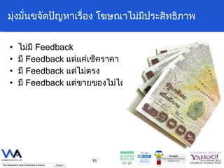 มุ่งมั่นขจัดปัญหาเรื่อง โฆษณาไม่มีประสิทธิภาพ ไม่มี  Feedback มี  Feedback  แต่แค่เช็คราคา มี  Feedback  แต่ไม่ตรง มี  Feedback  แต่ขายของไม่ได้ 