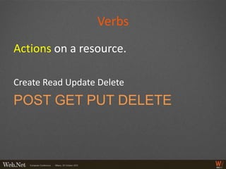 Verbs
Actions on a resource.

Create Read Update Delete
POST GET PUT DELETE
 