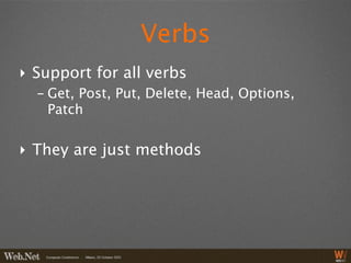 Verbs
‣ Support for all verbs
  - Get, Post, Put, Delete, Head, Options,
    Patch


‣ They are just methods
 