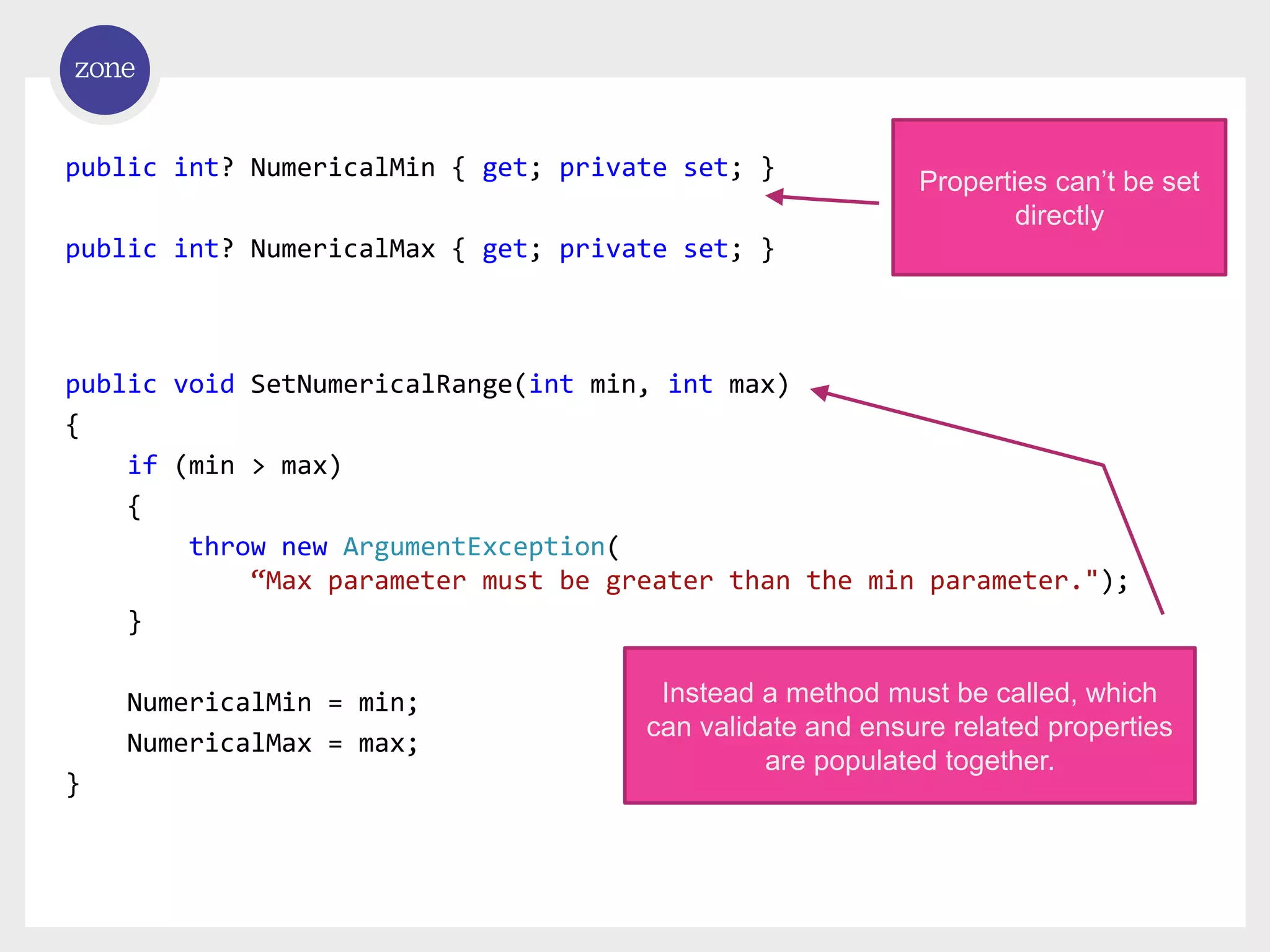public int? NumericalMin { get; private set; } public int? NumericalMax { get; private set; } public void SetNumericalRange(int min, int max) { if (min > max) { throw new ArgumentException( “Max parameter must be greater than the min parameter."); } NumericalMin = min; NumericalMax = max; } Properties can’t be set directly Instead a method must be called, which can validate and ensure related properties are populated together. 