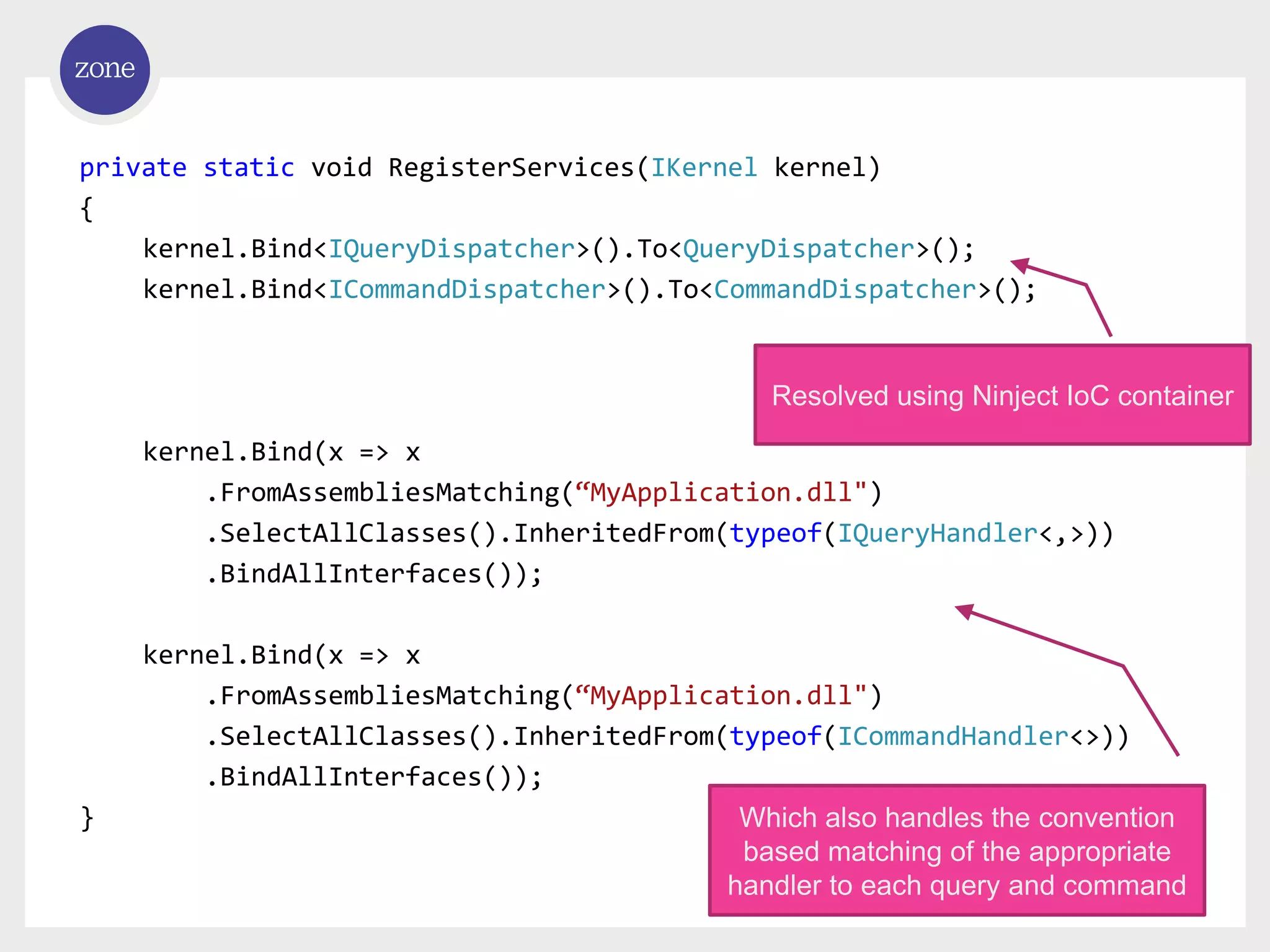 private static void RegisterServices(IKernel kernel) { kernel.Bind<IQueryDispatcher>().To<QueryDispatcher>(); kernel.Bind<ICommandDispatcher>().To<CommandDispatcher>(); kernel.Bind(x => x .FromAssembliesMatching(“MyApplication.dll") .SelectAllClasses().InheritedFrom(typeof(IQueryHandler<,>)) .BindAllInterfaces()); kernel.Bind(x => x .FromAssembliesMatching(“MyApplication.dll") .SelectAllClasses().InheritedFrom(typeof(ICommandHandler<>)) .BindAllInterfaces()); } Resolved using Ninject IoC container Which also handles the convention based matching of the appropriate handler to each query and command 