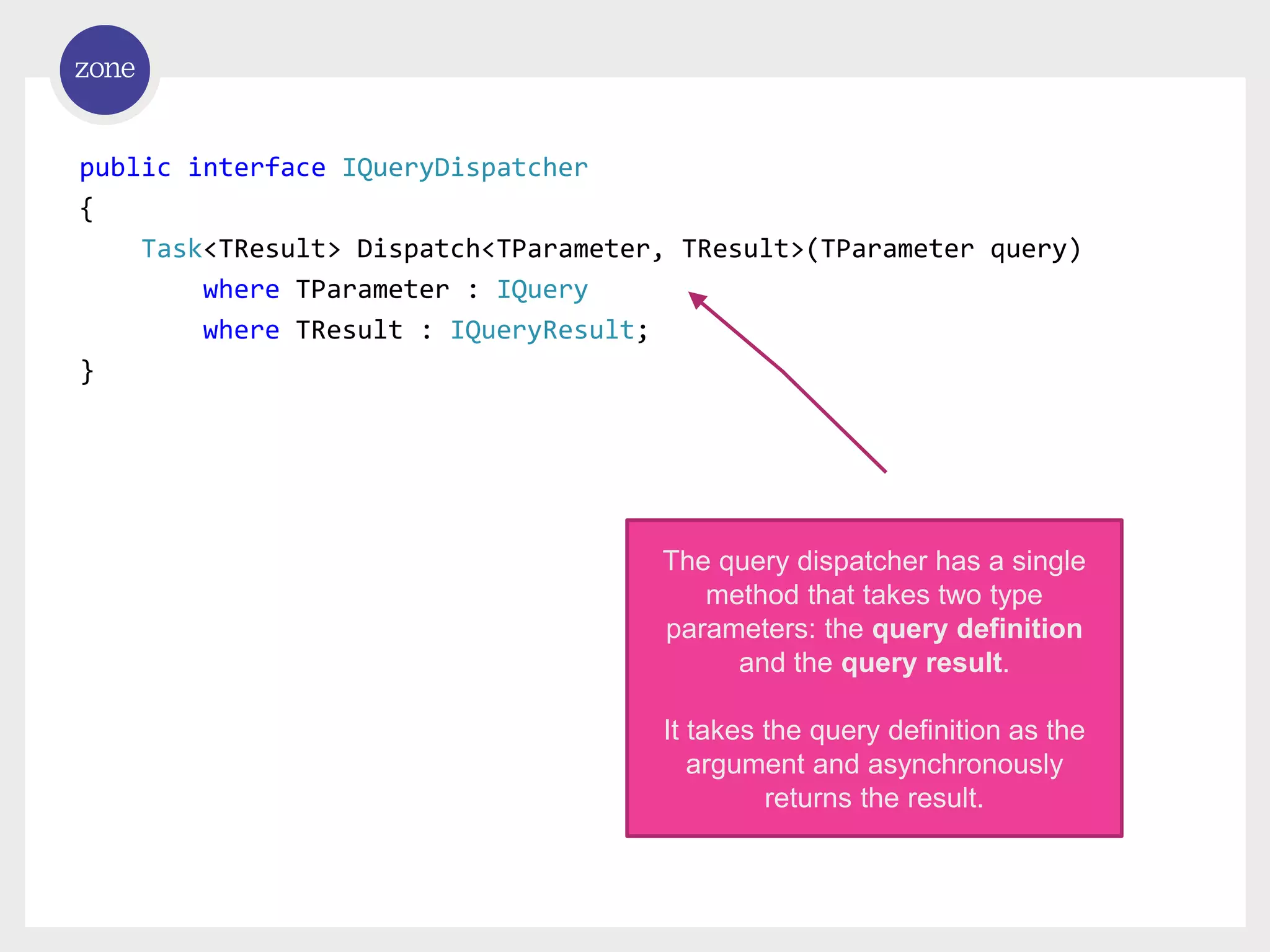 public interface IQueryDispatcher { Task<TResult> Dispatch<TParameter, TResult>(TParameter query) where TParameter : IQuery where TResult : IQueryResult; } The query dispatcher has a single method that takes two type parameters: the query definition and the query result. It takes the query definition as the argument and asynchronously returns the result. 