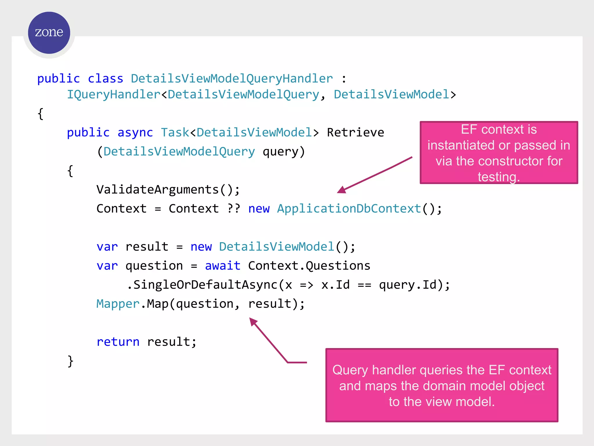 public class DetailsViewModelQueryHandler : IQueryHandler<DetailsViewModelQuery, DetailsViewModel> { public async Task<DetailsViewModel> Retrieve (DetailsViewModelQuery query) { ValidateArguments(); Context = Context ?? new ApplicationDbContext(); var result = new DetailsViewModel(); var question = await Context.Questions .SingleOrDefaultAsync(x => x.Id == query.Id); Mapper.Map(question, result); return result; } Query handler queries the EF context and maps the domain model object to the view model. EF context is instantiated or passed in via the constructor for testing. 