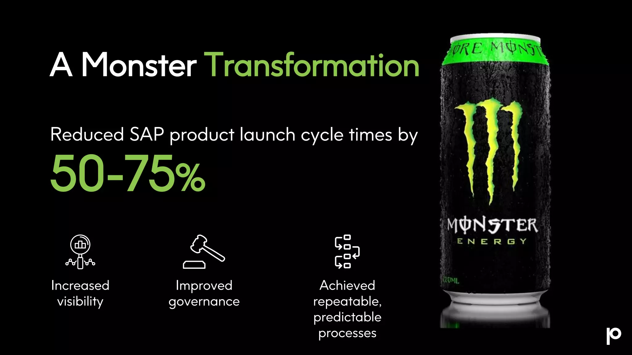 A Monster Transformation
Reduced SAP product launch cycle times by
50-75%
Increased
visibility
Achieved
repeatable,
predictable
processes
Improved
governance
 