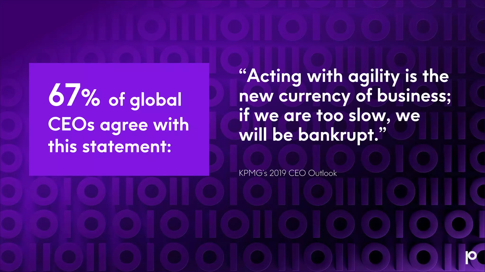 “Acting with agility is the
new currency of business;
if we are too slow, we
will be bankrupt.”
KPMG’s 2019 CEO Outlook
67% of global
CEOs agree with
this statement:
 