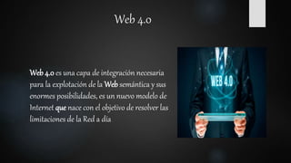 Web 4.0
Web 4.0 es una capa de integración necesaria
para la explotación de la Web semántica y sus
enormes posibilidades, ...