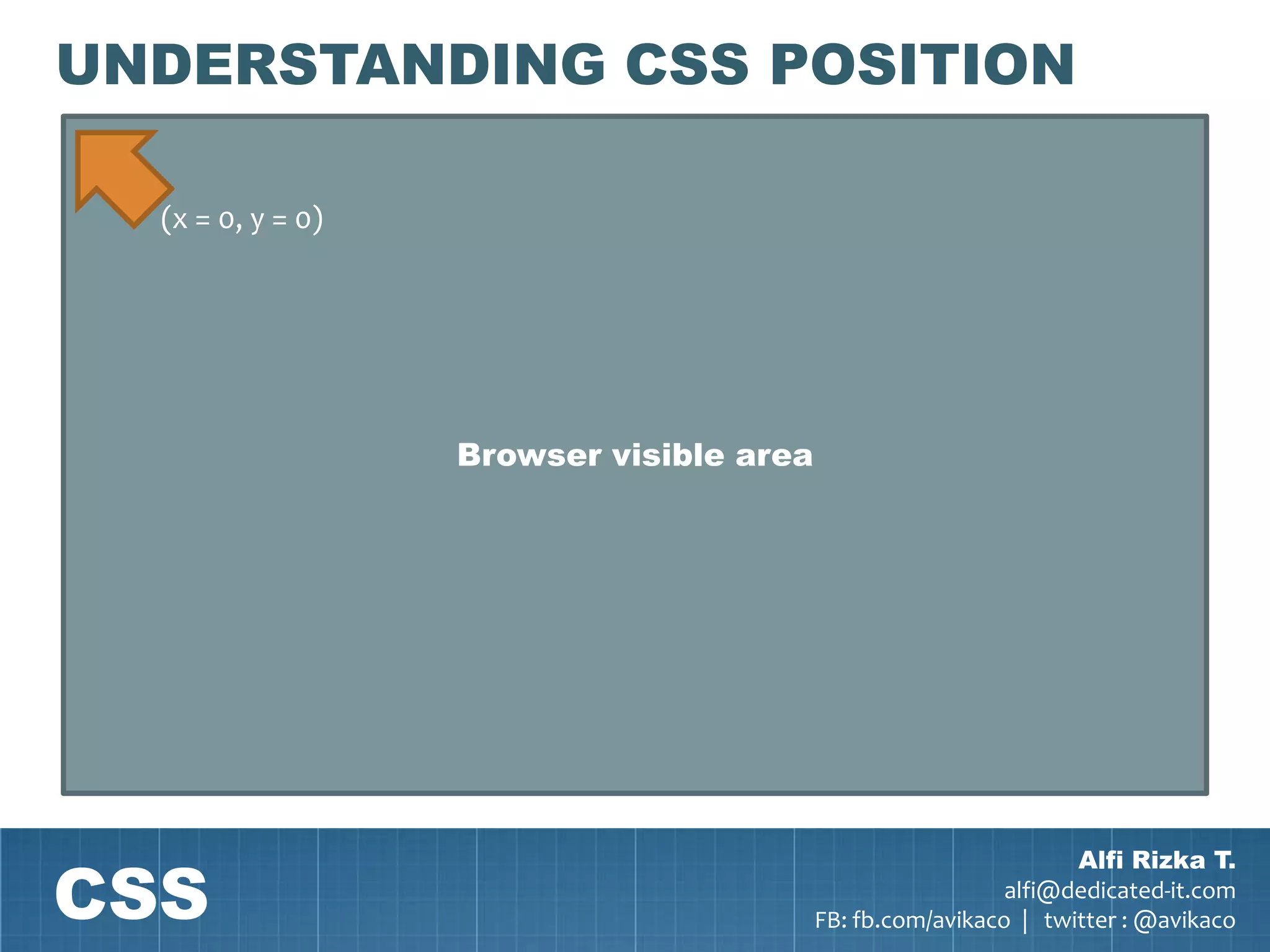 UNDERSTANDING CSS POSITION

  (x = 0, y = 0)




                   Browser visible area




CSS
                                                                  Alfi Rizka T.
                                                            alfi@dedicated-it.com
                                          FB: fb.com/avikaco | twitter : @avikaco
 