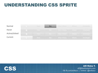 UNDERSTANDING CSS SPRITE



Normal
Hover
Active/clicked
Current




CSS
                                           Alfi Rizka T.
                                     alfi@dedicated-it.com
                   FB: fb.com/avikaco | twitter : @avikaco
 