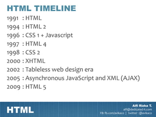 HTML TIMELINE
1991 : HTML
1994 : HTML 2
1996 : CSS 1 + Javascript
1997 : HTML 4
1998 : CSS 2
2000 : XHTML
2002 : Tableless web design era
2005 : Asynchronous JavaScript and XML (AJAX)
2009 : HTML 5


HTML
                                                       Alfi Rizka T.
                                                 alfi@dedicated-it.com
                               FB: fb.com/avikaco | twitter : @avikaco
 