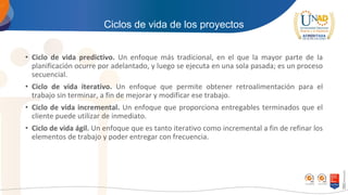 Ciclos de vida de los proyectos
• Ciclo de vida predictivo. Un enfoque más tradicional, en el que la mayor parte de la
planificación ocurre por adelantado, y luego se ejecuta en una sola pasada; es un proceso
secuencial.
• Ciclo de vida iterativo. Un enfoque que permite obtener retroalimentación para el
trabajo sin terminar, a fin de mejorar y modificar ese trabajo.
• Ciclo de vida incremental. Un enfoque que proporciona entregables terminados que el
cliente puede utilizar de inmediato.
• Ciclo de vida ágil. Un enfoque que es tanto iterativo como incremental a fin de refinar los
elementos de trabajo y poder entregar con frecuencia.
 