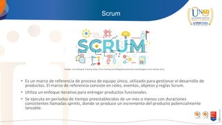 Scrum
• Es un marco de referencia de proceso de equipo único, utilizado para gestionar el desarrollo de
productos. El marco de referencia consiste en roles, eventos, objetos y reglas Scrum.
• Utiliza un enfoque iterativo para entregar productos funcionales.
• Se ejecuta en períodos de tiempo preestablecidos de un mes o menos con duraciones
consistentes llamadas sprints, donde se produce un incremento del producto potencialmente
lanzable.
Fuente: Consulting & Training https://cas-training.com/blog/formacion/la-metodologia-scrum-desde-cero/
 