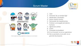 Scrum Master
Fuente: Agile Hunter https://agilehunter.com/que-es-un-scrum-master/
1. Líder
2. Promotor de un mindset ágil
3. Moderador y facilitador
4. Kaizen master-mentor
5. Removedor de impedimentos
6. Profesor y encargado del talento
humano
7. Agente de cambio
8. Coach
9. Proveedor de feedback
10. Es un humano, no es un superhéroe
11. No es secretaria, no es jefe, no es
gerente de proyecto.
 
