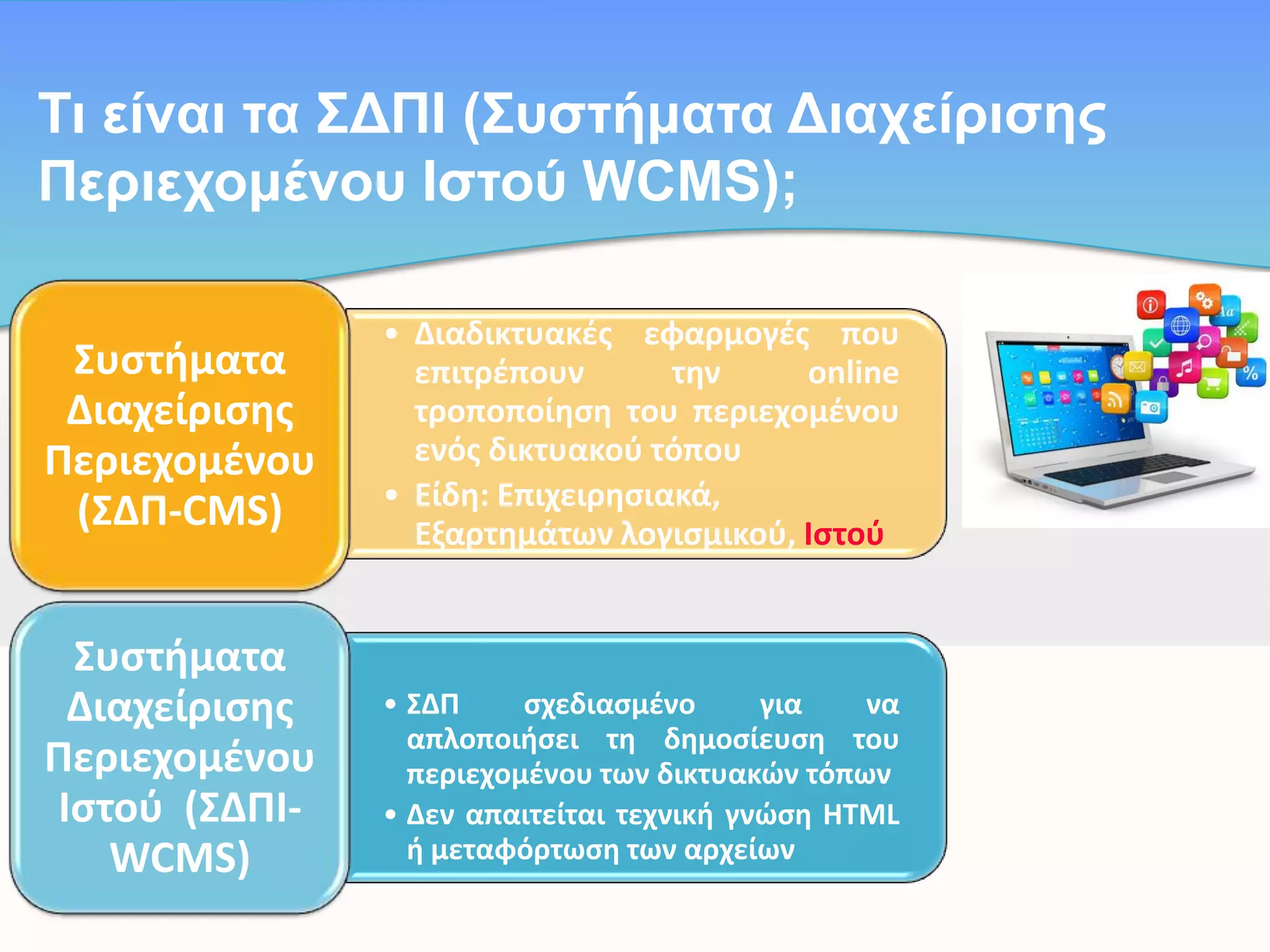 Τη είλαη ηα ΣΓΠΙ (Σπζηήκαηα Γηαρείξηζεο
Πεξηερνκέλνπ Ιζηνύ WCMS);
Συςτιματα
Διαχείριςθσ
Περιεχομζνου
(ΣΔΠ-CMS)
Συςτιματα
Διαχείριςθσ
Περιεχομζνου
Ιςτοφ (ΣΔΠΙWCMS)

• Διαδικτυακζσ εφαρμογζσ που
επιτρζπουν
τθν
online
τροποποίθςθ του περιεχομζνου
ενόσ δικτυακοφ τόπου
• Είδθ: Επιχειρθςιακά,
Εξαρτθμάτων λογιςμικοφ, Ιςτοφ

• ΣΔΠ
ςχεδιαςμζνο
για
να
απλοποιιςει τθ δθμοςίευςθ του
περιεχομζνου των δικτυακών τόπων
• Δεν απαιτείται τεχνικι γνώςθ HTML
ι μεταφόρτωςθ των αρχείων

 