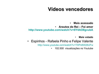Vídeos vencedores Mais acessado Arautos do Rei – Foi amor http://www.youtube.com/watch?v=8Y4AO8gvubA Mais votado Espinhos - Rafaela Pinho e Felipe Valente http://www.youtube.com/watch?v=TXPn8W28UFw 102.500  visualizações no Youtube 
