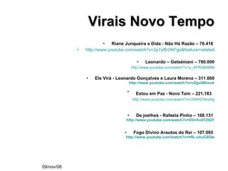 Riane Junqueira e Dida - Não Há Razão – 76.416   http://www.youtube.com/watch?v=2p7yfEOKFgo&feature=related Leonardo – Getsêmani – 780.000 http://www.youtube.com/watch?v=u_AFfG9b9DM Ele Virá - Leonardo Gonçalves e Laura Morena – 311.660 http://www.youtube.com/watch?v=cZgcliBhouk Estou em Paz - Novo Tom – 221.183   http://www.youtube.com/watch?v=c5WH23kIsAg De joelhos - Rafaela Pinho – 168.131  http://www.youtube.com/watch?v=DVnhv4T2tQY Fogo Divino Arautos do Rei – 107.085  http://www.youtube.com/watch?v=h9L-uhuC6Ow Virais Novo Tempo 09/nov/08 