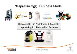 Dal	
  conce1o	
  di	
  “Portafoglio	
  di	
  Prodo@”	
  
a	
  portafoglio	
  di	
  Modelli	
  di	
  Business	
  
Nespresso	
  Oggi:	
  Business	
  Model	
  
 