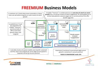 Il	
  modello	
  “freemium”	
  è	
  cara1erizzato	
  da	
  una	
  vasta	
  base	
  di	
  utenE	
  con	
  servizi	
  
gratuiE,	
  ﬁno	
  a	
  un	
  piccolo	
  numero	
  di	
  utenI	
  a	
  pagamento.	
  Gli	
  utenI	
  godono	
  di	
  un	
  
servizio	
  base	
  gratuito	
  e	
  possono	
  pagare	
  per	
  un	
  servizio	
  premium	
  che	
  oﬀre	
  
beneﬁci	
  aggiunIvi	
  
La	
  relazione	
  con	
  il	
  cliente	
  deve	
  essere	
  automaIca	
  e	
  a	
  basso	
  
costo,	
  per	
  perme1ere	
  di	
  gesIre	
  un	
  vasto	
  numero	
  di	
  utenI	
  
gratuiI.	
  
I	
  cosI	
  della	
  stru1ura	
  di	
  questo	
  modello	
  sono	
  triparII:	
  sostanziali	
  
cosI	
  ﬁssi,	
  bassi	
  cosI	
  marginali	
  per	
  servizi	
  degli	
  account	
  gratuiI	
  e	
  
(separaI)	
  cosI	
  per	
  gli	
  account	
  premium	
  
La	
  pia1aforma	
  è	
  l’asset	
  
più	
  importante	
  nel	
  
modello	
  “freemium”,	
  
perché	
  perme1e	
  di	
  
oﬀrire	
  servizi	
  base	
  
gratuiI	
  a	
  bassi	
  cosI	
  
marginali	
  
Importante	
  è	
  monitorare	
  la	
  percentuale	
  degli	
  account	
  
gratuiI	
  si	
  convertono	
  in	
  account	
  premium	
  
TASSO	
  DI	
  CONVERSIONE	
  medio	
  10%	
  
Servizi	
  	
  
base	
  	
  
gratuiE	
  
Vasto	
  numero	
  	
  
di	
  utenE	
  
“graEs”	
  
Stru;ura	
  
Servizi	
  base	
  gratuiE	
  
CosE	
  	
  
ﬁssi	
  
GesEone	
  e	
  
promozione	
  
della	
  stru;ura	
  
Servizi	
  	
  
premium	
  
Piccolo	
  numero	
  	
  
di	
  utenE	
  	
  
“a	
  pagamento”	
  
Servizi	
  Premium	
  a	
  pagamento	
  
Costo	
  del	
  	
  
servizio	
  	
  
per	
  utenE	
  	
  
premium	
  
Costo	
  del	
  	
  
servizio	
  per	
  	
  
utenE	
  graEs	
  
AutomaEzzata	
  
e	
  a	
  basso	
  
costo	
  
FREEMIUM	
  Business	
  Models	
  
 