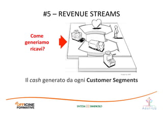 Il	
  cash	
  generato	
  da	
  ogni	
  Customer	
  Segments	
  
#5	
  –	
  REVENUE	
  STREAMS	
  
Come	
  
generiamo	
  
ricavi?	
  
Image	
  by	
  JAM	
  
 