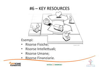 #6	
  –	
  KEY	
  RESOURCES	
  
Esempi:	
  
•  Risorse	
  Fisiche;	
  
•  Risorse	
  Intelle1uali;	
  
•  Risorse	
  Umane;	
  
•  Risorse	
  Finanziarie.	
  	
  
Image	
  by	
  JAM	
  
 
