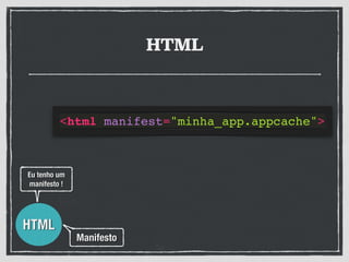 HTML
<html manifest="minha_app.appcache">
HTML
Manifesto
Eu tenho um
manifesto !
 
