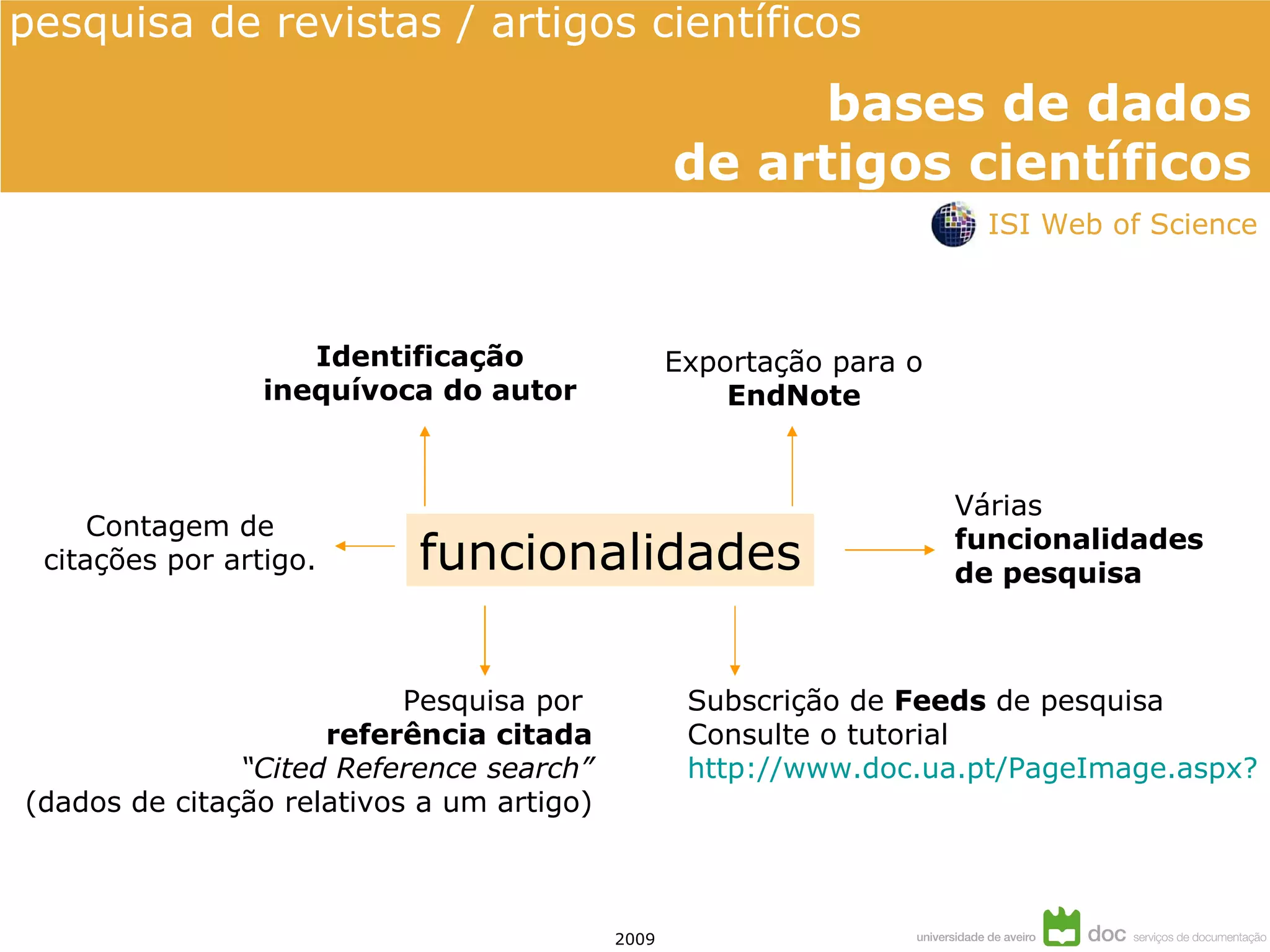funcionalidades Exportação para o  EndNote Várias  funcionalidades de pesquisa Subscrição de  Feeds  de pesquisa Consulte o tutorial http://www.doc.ua.pt/PageImage.aspx?id=8225 Identificação inequívoca do autor Pesquisa por  referência citada “Cited Reference search” (dados de citação relativos a um artigo) Contagem de citações por artigo. ISI Web of Science 