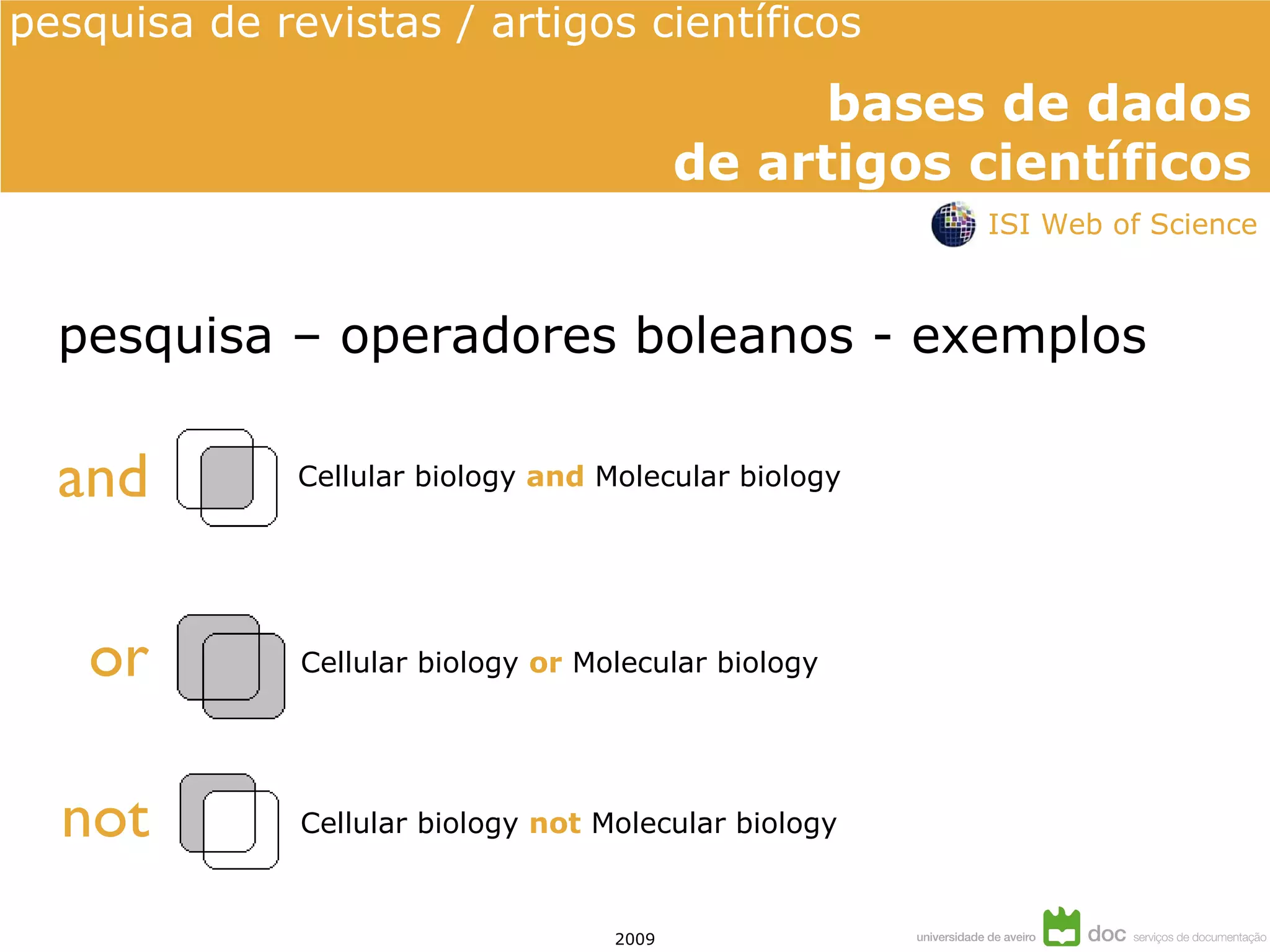 pesquisa – operadores boleanos - exemplos and or not Cellular biology  and   Molecular biology Cellular biology  or  Molecular biology Cellular biology  not  Molecular biology ISI Web of Science 
