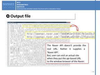 Output file WCU WEBOMETRICS INSTITUTE INVESTIGATING INTERNET-BASED POLITICSS WITH E-RESEARCH TOOLS  WCU WEBOMETRICS INSTITUTE INVESTIGATING INTERNET-BASED POLITICSS WITH E-RESEARCH TOOLS  The Naver API doesn't provide the  real URL. Rather it supplies a  'Naver API’.  But, user can visit an actual site  when they put the api-based URL  to the window browser of the Naver.  