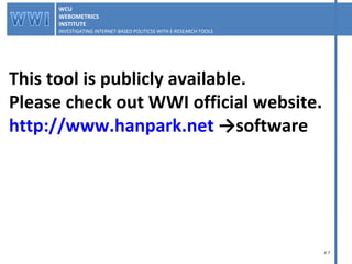 This tool is publicly available.  Please check out WWI official website.  http://www.hanpark.net  ->software WCU WEBOMETRICS INSTITUTE INVESTIGATING INTERNET-BASED POLITICSS WITH E-RESEARCH TOOLS  