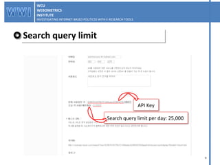 Search query limit WCU WEBOMETRICS INSTITUTE INVESTIGATING INTERNET-BASED POLITICSS WITH E-RESEARCH TOOLS  WCU WEBOMETRICS INSTITUTE INVESTIGATING INTERNET-BASED POLITICSS WITH E-RESEARCH TOOLS  API Key Search query limit per day: 25,000 