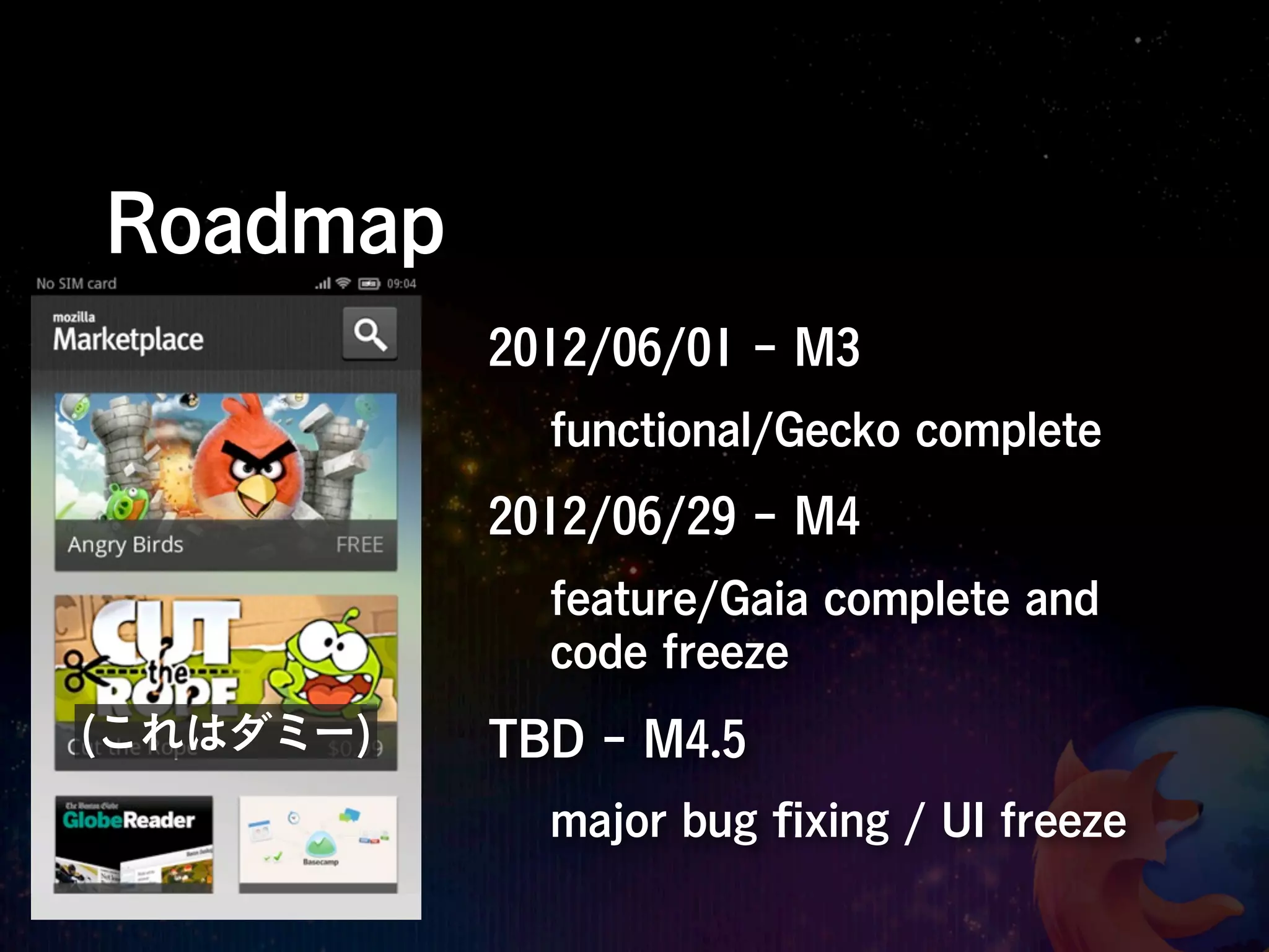 Roadmap
           2012/06/01 - M3
             functional/Gecko complete
           2012/06/29 - M4
             feature/Gaia complete and
             code freeze
(これはダミー)   TBD - M4.5
             major bug ﬁxing / UI freeze
 