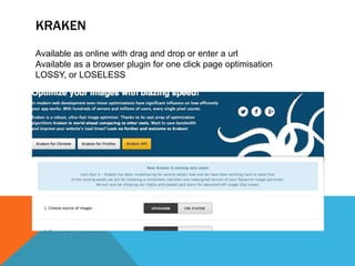 KRAKEN
Available as online with drag and drop or enter a url
Available as a browser plugin for one click page optimisation
LOSSY, or LOSELESS
 