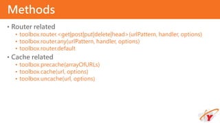 • Router related
• toolbox.router.<get|post|put|delete|head>(urlPattern, handler, options)
• toolbox.router.any(urlPattern, handler, options)
• toolbox.router.default
• Cache related
• toolbox.precache(arrayOfURLs)
• toolbox.cache(url, options)
• toolbox.uncache(url, options)
Methods
 